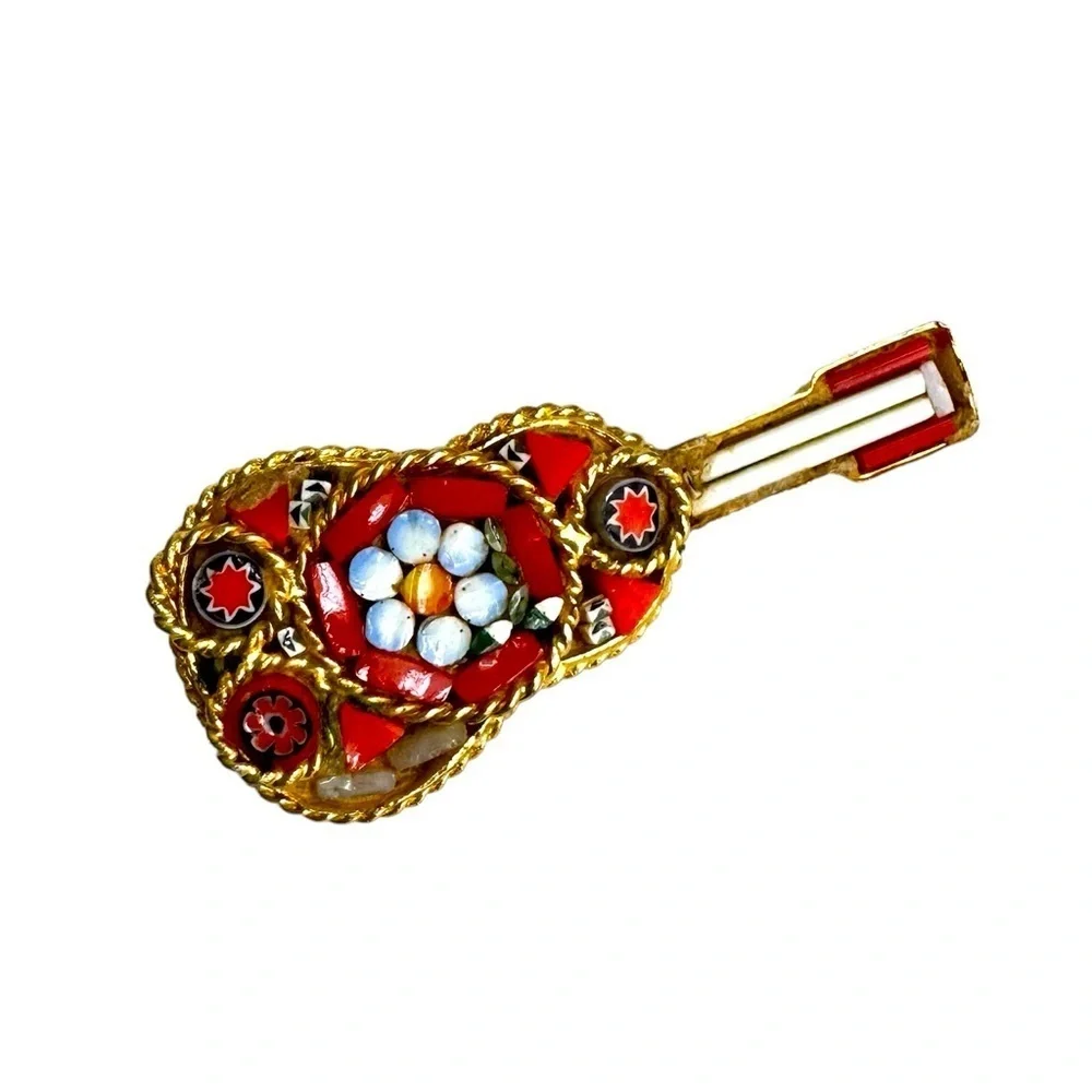 Vintage Micro Mosaic Guitar Brooch‎ Mandolin Instrument Pin Italy Italian Glass